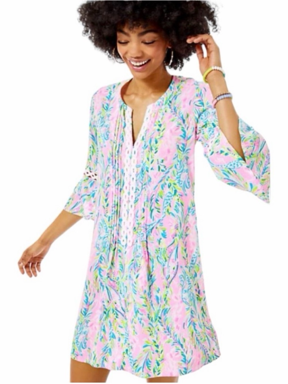 Pink Floral V-Neck Swing Dress